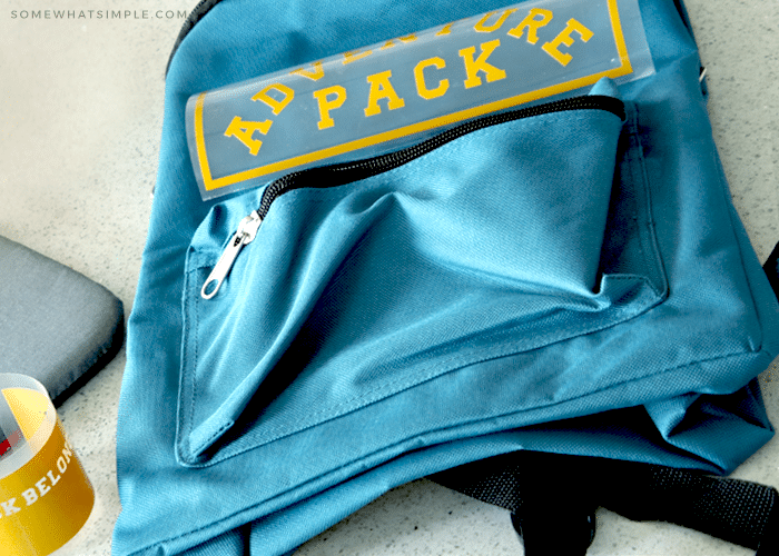 a blue backpack with a label