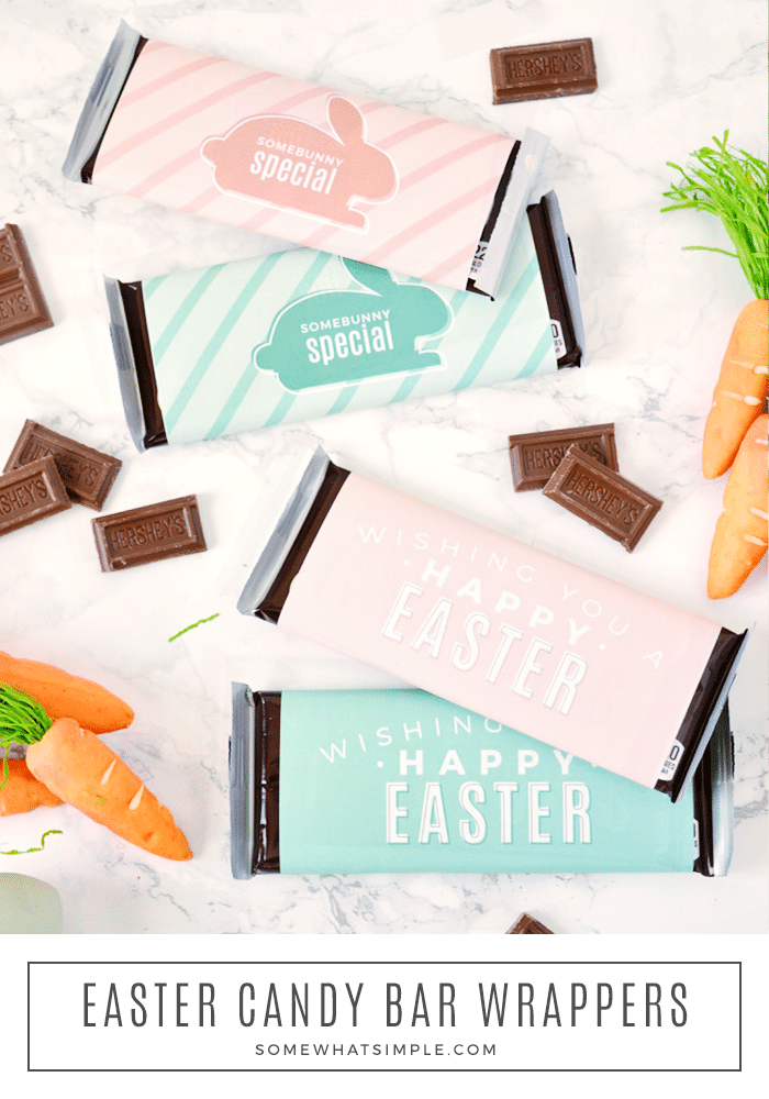 Easter candy bar wrappers are a sweet little gift that you can have ready in just a few minutes! A cute addition to your kid's Easter baskets, or a fun surprise for neighbors and friends! #easter #candy #candybarwrapper #printable #spring #treat #gift via @somewhatsimple