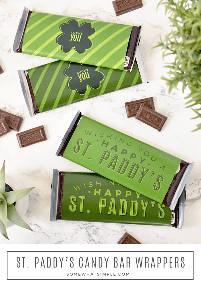 St. Patrick's Day candy bar wrappers are a festive treat that you can make in just minutes for co-workers, neighbors, and friends! #stpatricksday #stpattys #stpaddys #candybarwrapper #candybar #treat #printable via @somewhatsimple