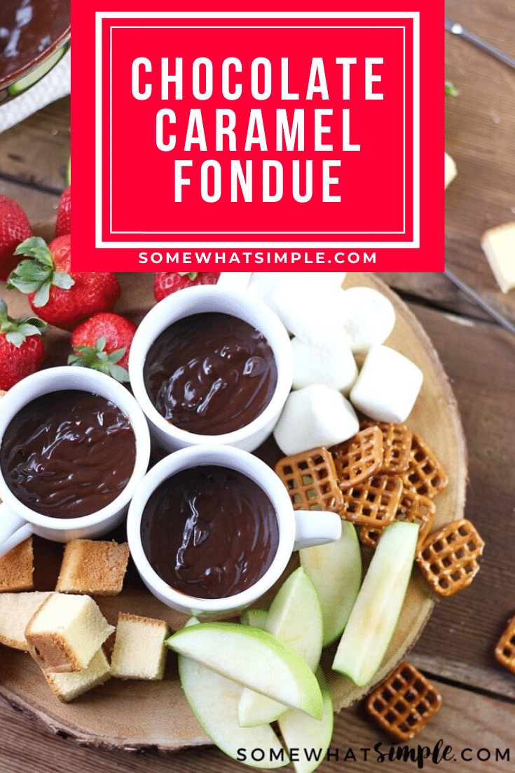 Chocolate caramel fondue is a decadent dessert the whole family will enjoy!  It'll be ready in minutes so grab your favorite foods to dip and start enjoying! This dessert is perfect for parties, family gatherings or anytime you get together with a bunch of people! #chocolatecaramelfoundue #chocolatefonduerecipe #easyfonduerecipe #partyfood #fonduepartyideas via @somewhatsimple