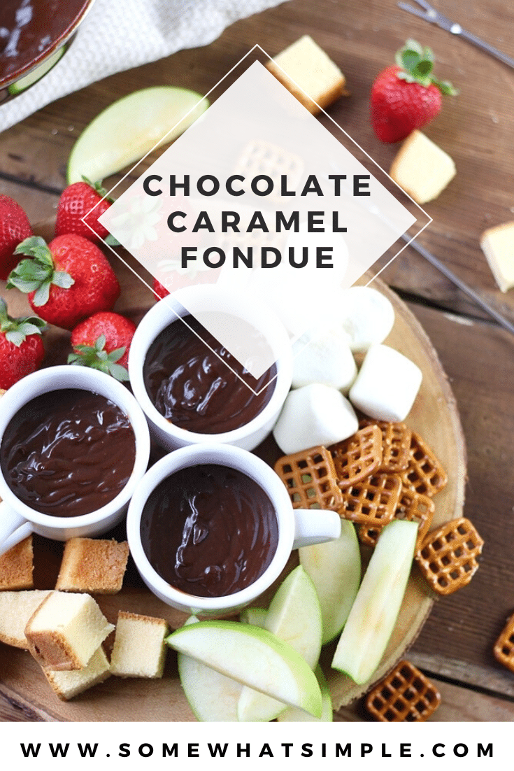 Chocolate caramel fondue is a decadent dessert the whole family will enjoy!  It'll be ready in minutes so grab your favorite foods to dip and start enjoying! This dessert is perfect for parties, family gatherings or anytime you get together with a bunch of people! #chocolatecaramelfoundue #chocolatefonduerecipe #easyfonduerecipe #partyfood #fonduepartyideas via @somewhatsimple
