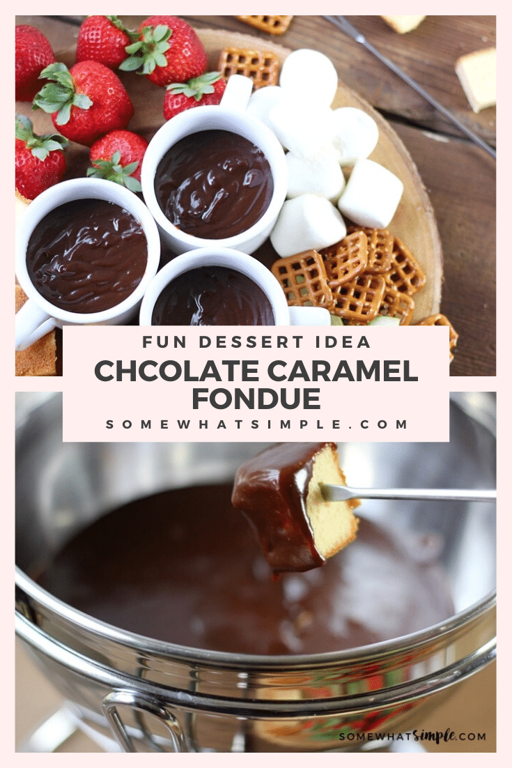 Chocolate caramel fondue is a decadent dessert the whole family will enjoy!  It'll be ready in minutes so grab your favorite foods to dip and start enjoying! This dessert is perfect for parties, family gatherings or anytime you get together with a bunch of people! #chocolatecaramelfoundue #chocolatefonduerecipe #easyfonduerecipe #partyfood #fonduepartyideas via @somewhatsimple