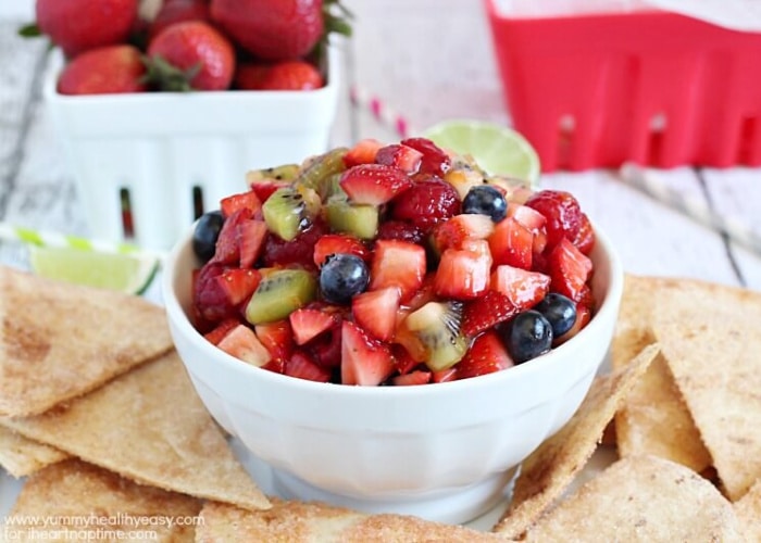 a bowl of salsa made with fresh fruit