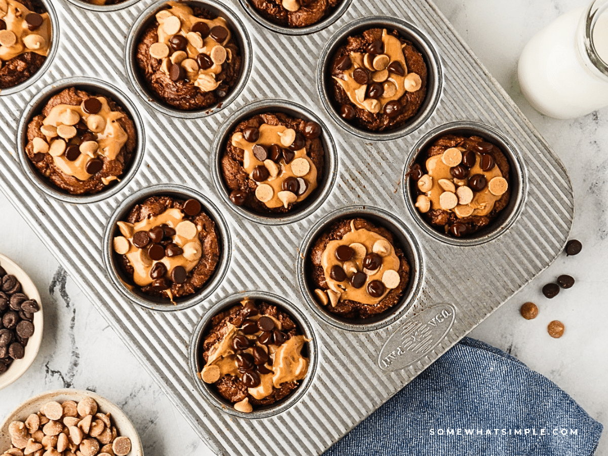 muffin pan full of PB Cup Brownies