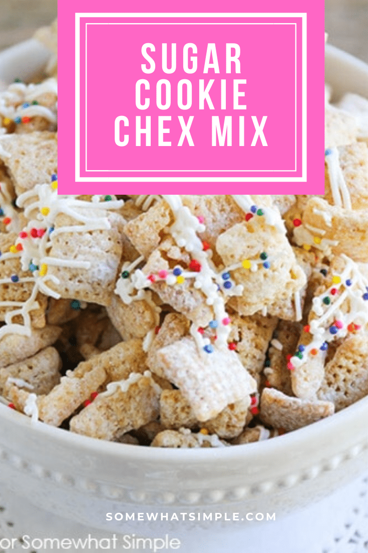 This sugar cookie Chex mix recipe is a delicious twist on an old snack that you and your family will love!  All of the delicious flavors of a sugar cookie in a delicious snack mix. #sugarcookiechexmix #easychexmixrecipe #sweetchexmix #chexmixrecipes #bestchexmix via @somewhatsimple