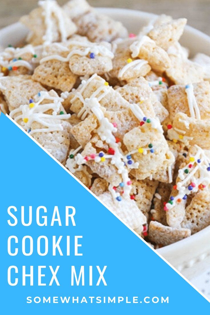 This sugar cookie Chex mix recipe is a delicious twist on an old snack that you and your family will love!  All of the delicious flavors of a sugar cookie in a delicious snack mix. #sugarcookiechexmix #easychexmixrecipe #sweetchexmix #chexmixrecipes #bestchexmix via @somewhatsimple