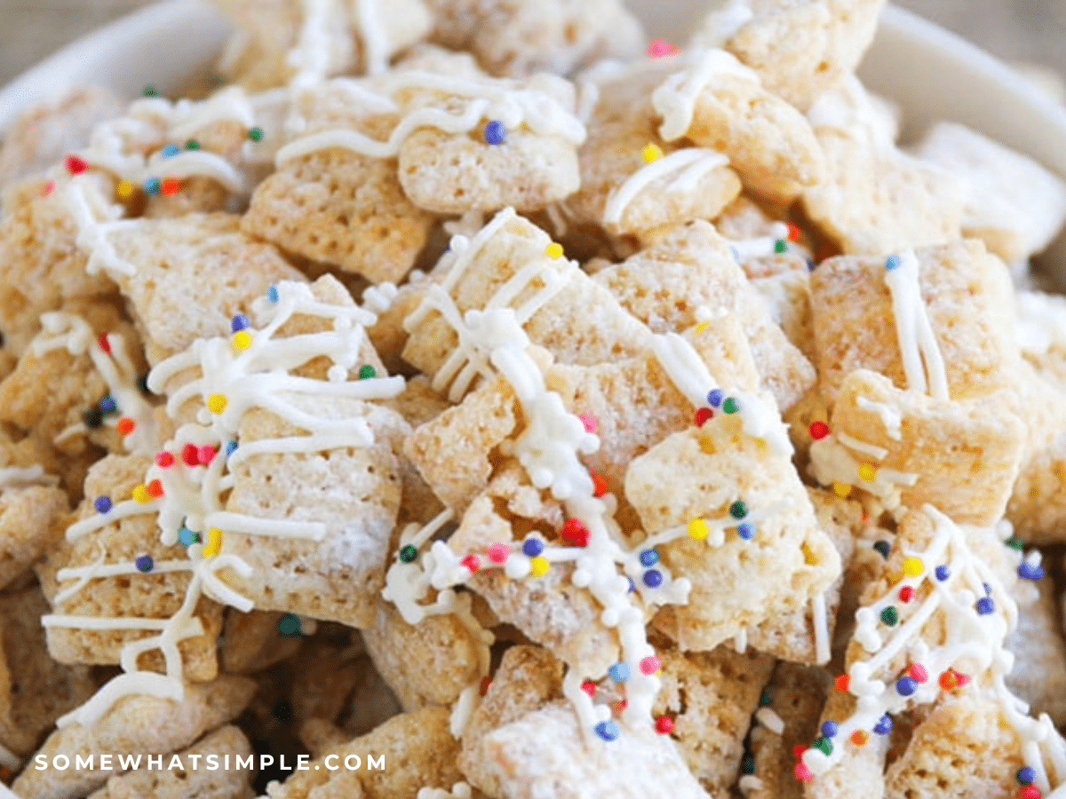 close up of Sugar Cookie Chex Mix