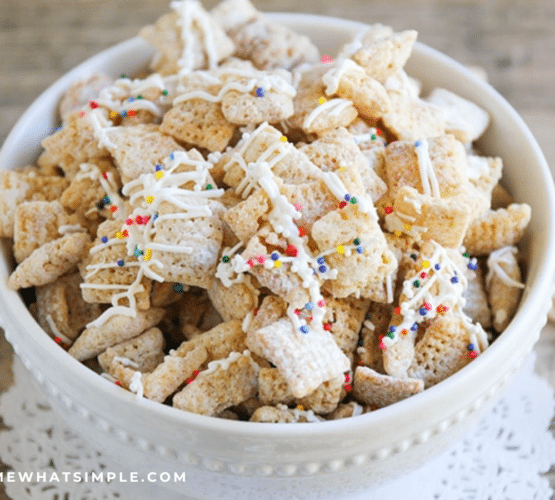 Sugar Cookie Chex Mix in a white bowl