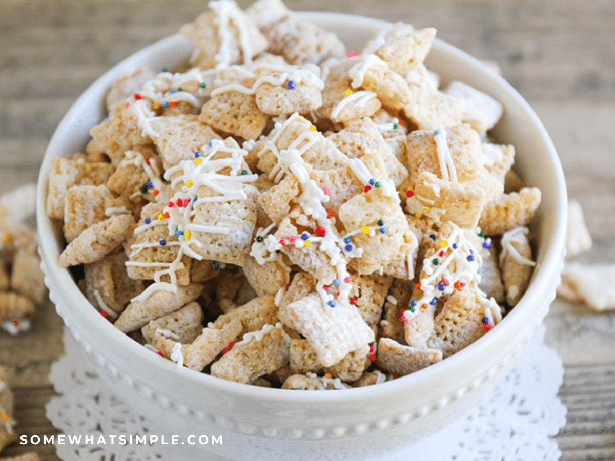 Sugar Cookie Chex Mix in a white bowl