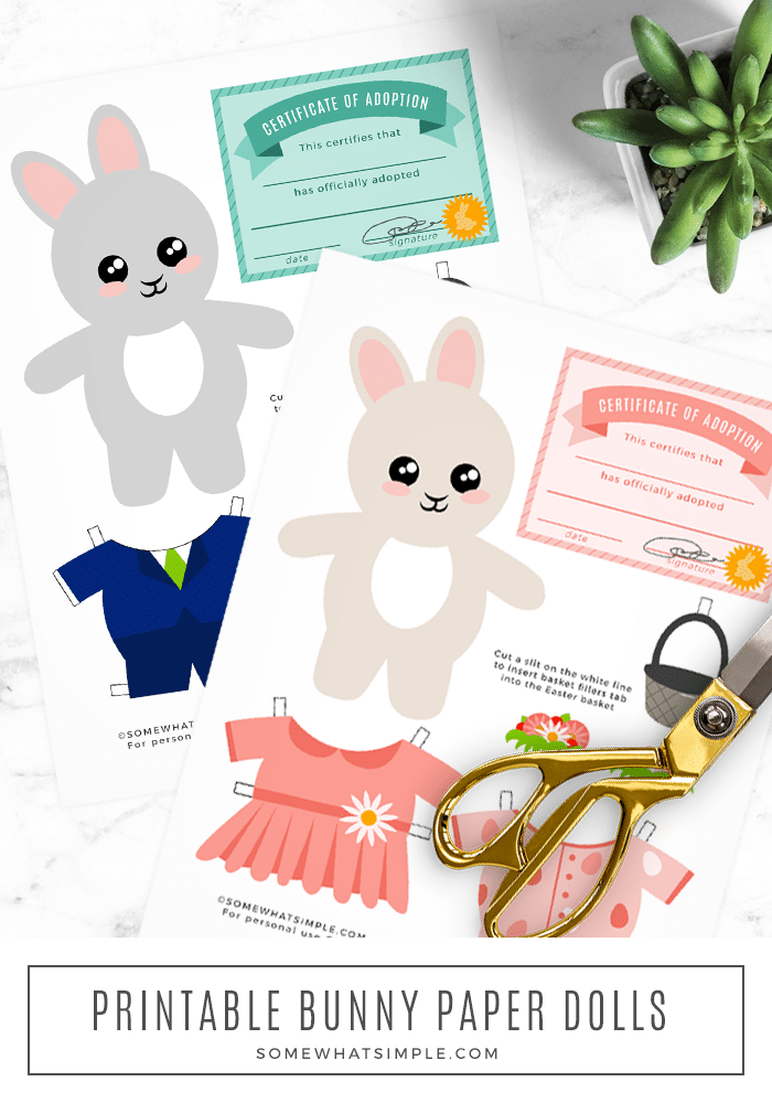 Easter Bunny Printable Paper Dolls are a simple craft and activity that will provide HOURS of fun! Download, print, cut out and enjoy! #printable #easter #bunny #paper #dolls via @somewhatsimple