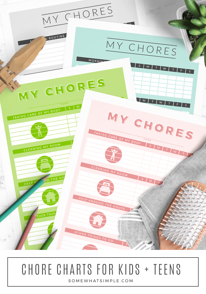 In an effort to help control the mess and to keep their productivity level up, I designed these chore charts for kids that parents can print and change as often as they need to! #chorechart #printable #kidsactivities #chorechartsforkids #printablejobchartsforkids via @somewhatsimple