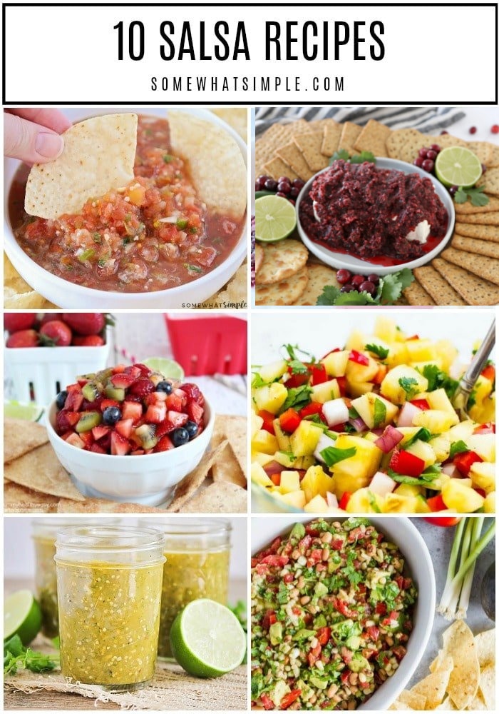 10 of our favorite Homemade Salsa Recipes that are easy to make and totally delicious!! Skip the store-bought jars and whip up one of these! There are traditional mild salsas, salsa verde, fruit salsas and everything in between. With so many fresh and easy salsa recipes, there's something everyone will love. #homemadesalsarecipes #salsaverde #salsarecipewithfreshtomatoes #easysalsarecipes #fruitsalsarecipe via @somewhatsimple