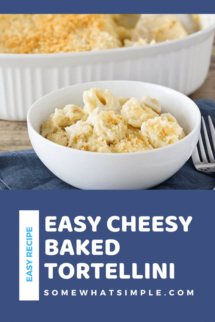 Cheesy baked tortellini is a delicious dinner that's incredibly easy to make.  This recipe is made with tender tortellini, tossed in a homemade cheese sauce and topped with tasty bread crumbs. #cheesybakedtortellini #cheesybakedtortellinirecipe #cheesybakedtortellinicasserole #bakedtortellinirecipe #howtomakebakedtortellini via @somewhatsimple