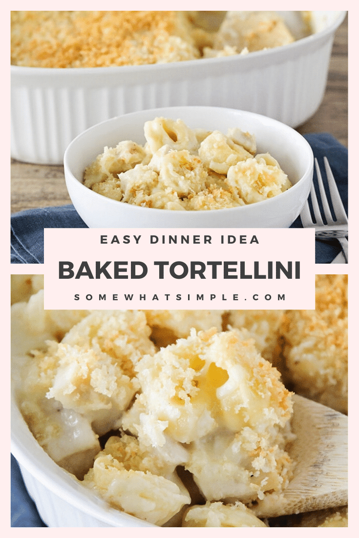 Cheesy baked tortellini is a delicious dinner that's incredibly easy to make.  This recipe is made with tender tortellini, tossed in a homemade cheese sauce and topped with tasty bread crumbs. #cheesybakedtortellini #cheesybakedtortellinirecipe #cheesybakedtortellinicasserole #bakedtortellinirecipe #howtomakebakedtortellini via @somewhatsimple