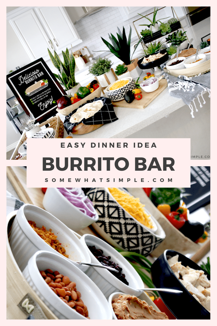 A burrito bar is a quick and easy dinner idea. Even the pickiest eater will love this meal! This guide will show you how to put it together and provide you with some inspiration and what to serve. #burritobarideas #burritobardesign #burriotbar #buildyourownburriotbar #burritobarpartyidea via @somewhatsimple