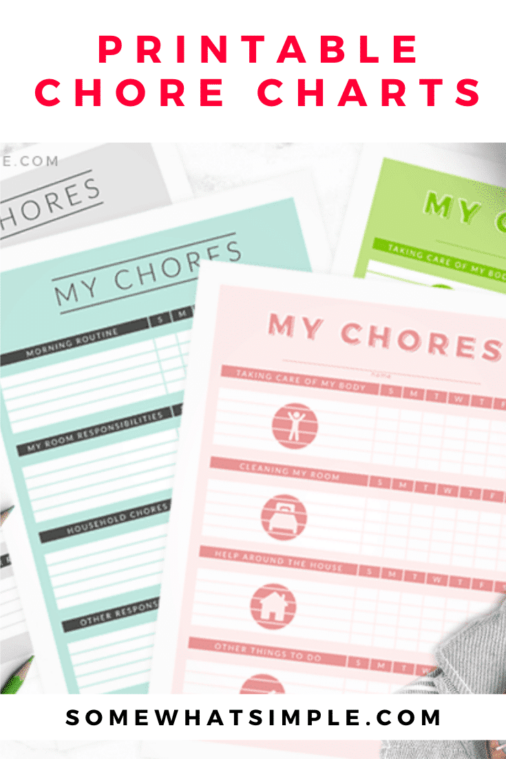 In an effort to help control the mess and to keep their productivity level up, I designed these chore charts for kids that parents can print and change as often as they need to! #chorechart #printable #kidsactivities #chorechartsforkids #printablejobchartsforkids via @somewhatsimple