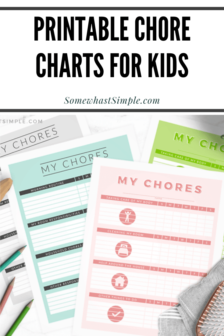 In an effort to help control the mess and to keep their productivity level up, I designed these chore charts for kids that parents can print and change as often as they need to! #chorechart #printable #kidsactivities #chorechartsforkids #printablejobchartsforkids via @somewhatsimple