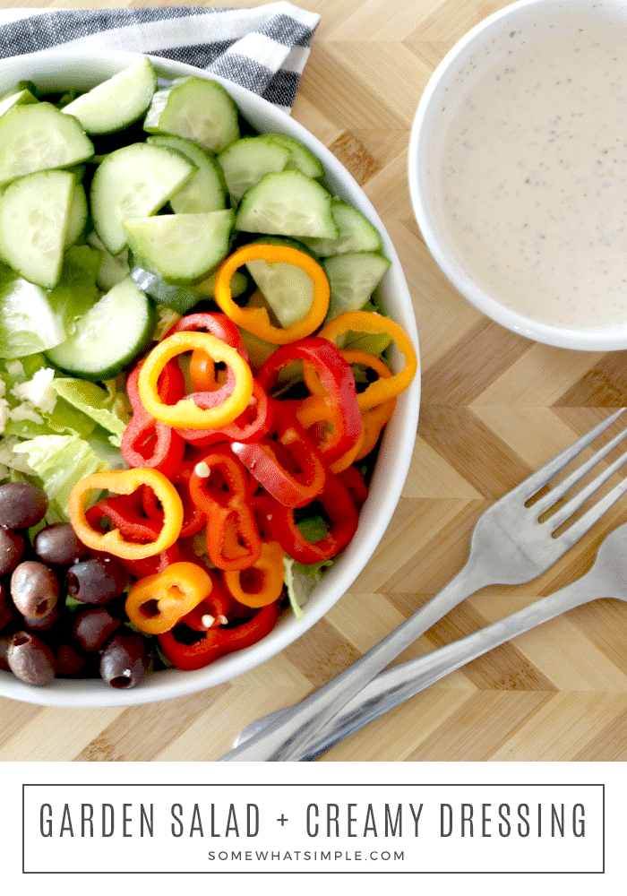 Homemade Creamy Italian Dressing will take your delicious garden salad to the next level! With only 4 ingredients, this dressing comes together in a snap, and it tastes AMAZING! #gardensalad #homemadeitaliandressing #creamyitaliandressingrecipe #easysaladdressing #italiandressingrecipe via @somewhatsimple