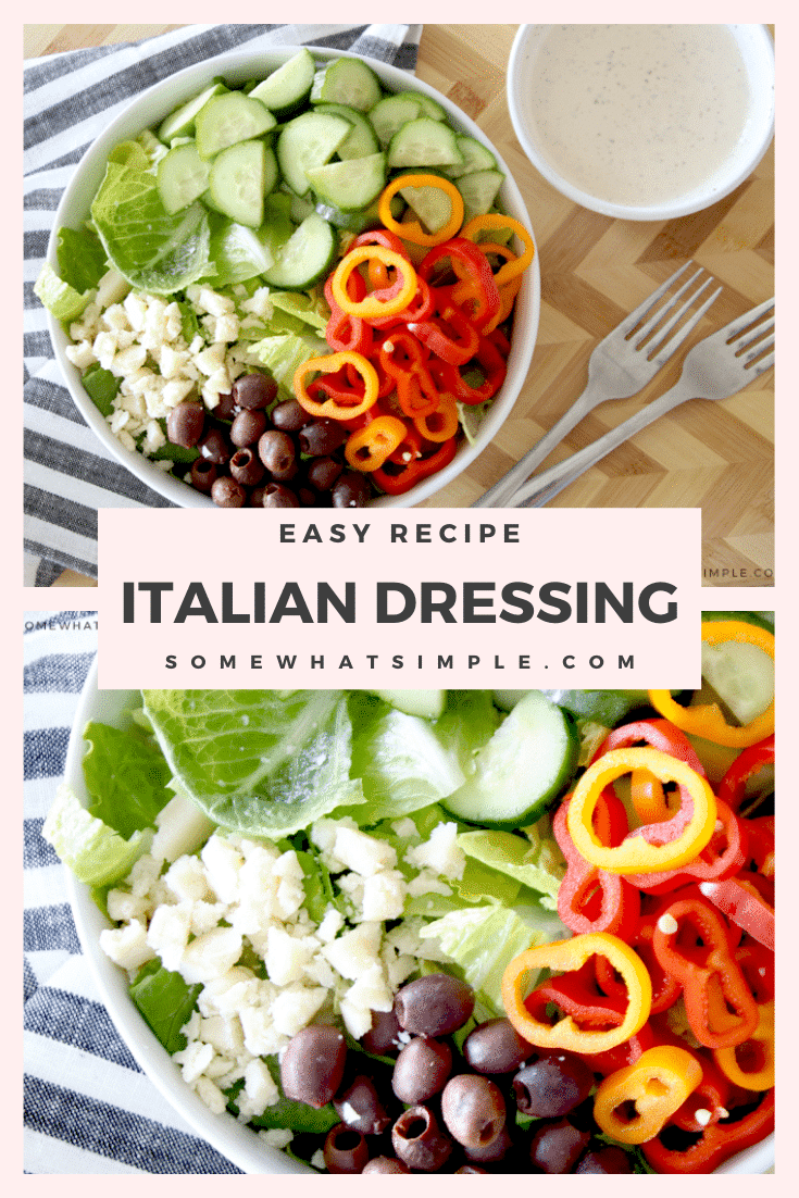Homemade Creamy Italian Dressing will take your delicious garden salad to the next level! With only 4 ingredients, this dressing comes together in a snap, and it tastes AMAZING! #gardensalad #homemadeitaliandressing #creamyitaliandressingrecipe #easysaladdressing #italiandressingrecipe via @somewhatsimple