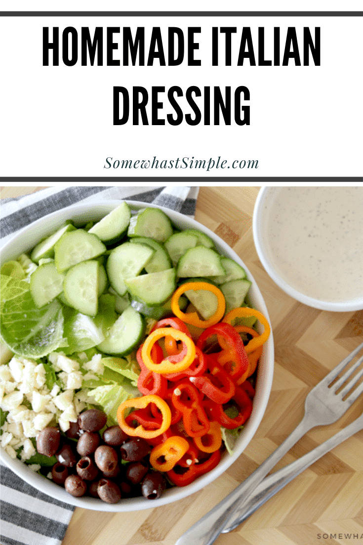 Homemade Creamy Italian Dressing will take your delicious garden salad to the next level! With only 4 ingredients, this dressing comes together in a snap, and it tastes AMAZING! #gardensalad #homemadeitaliandressing #creamyitaliandressingrecipe #easysaladdressing #italiandressingrecipe via @somewhatsimple