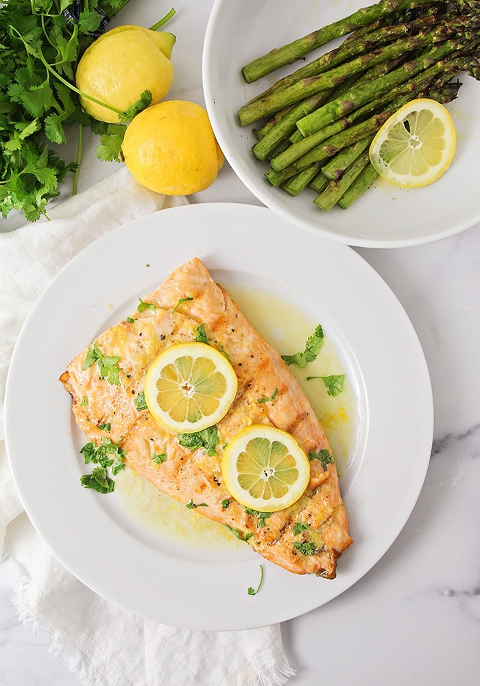 This grilled salmon and asparagus is incredibly flavorful and delicious, and ready in less than thirty minutes. It's the perfect summer meal!