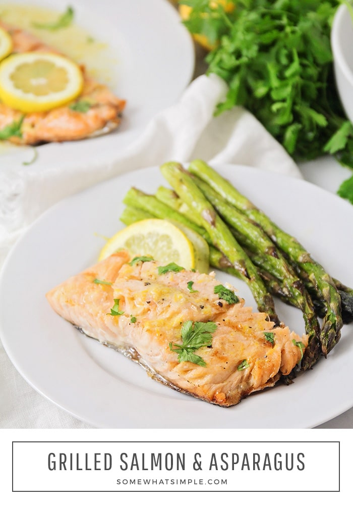 This grilled salmon and asparagus is incredibly delicious and ready in less than thirty minutes. Salmon and asparagus is healthy, delicious and makes the perfect summer meal! #salmon #grilled #asparagus #easydinner #fish via @somewhatsimple