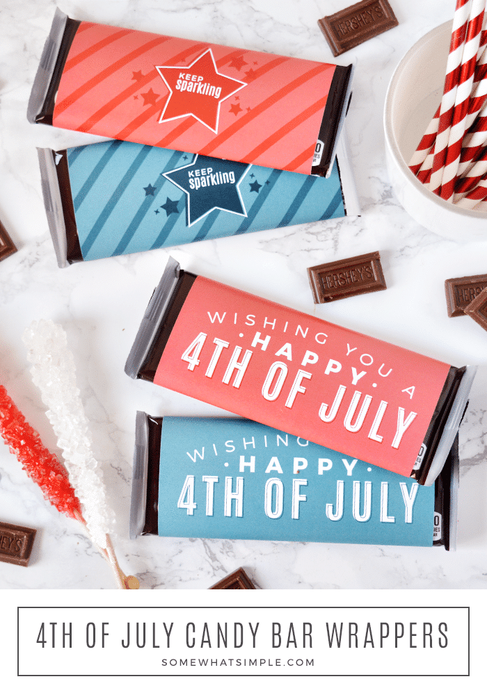 4th of July candy bar wrappers are a festive little treat that can be ready for party guests, neighbors, and friends in just a few minutes!  #4thofJuly #candybar #printables via @somewhatsimple