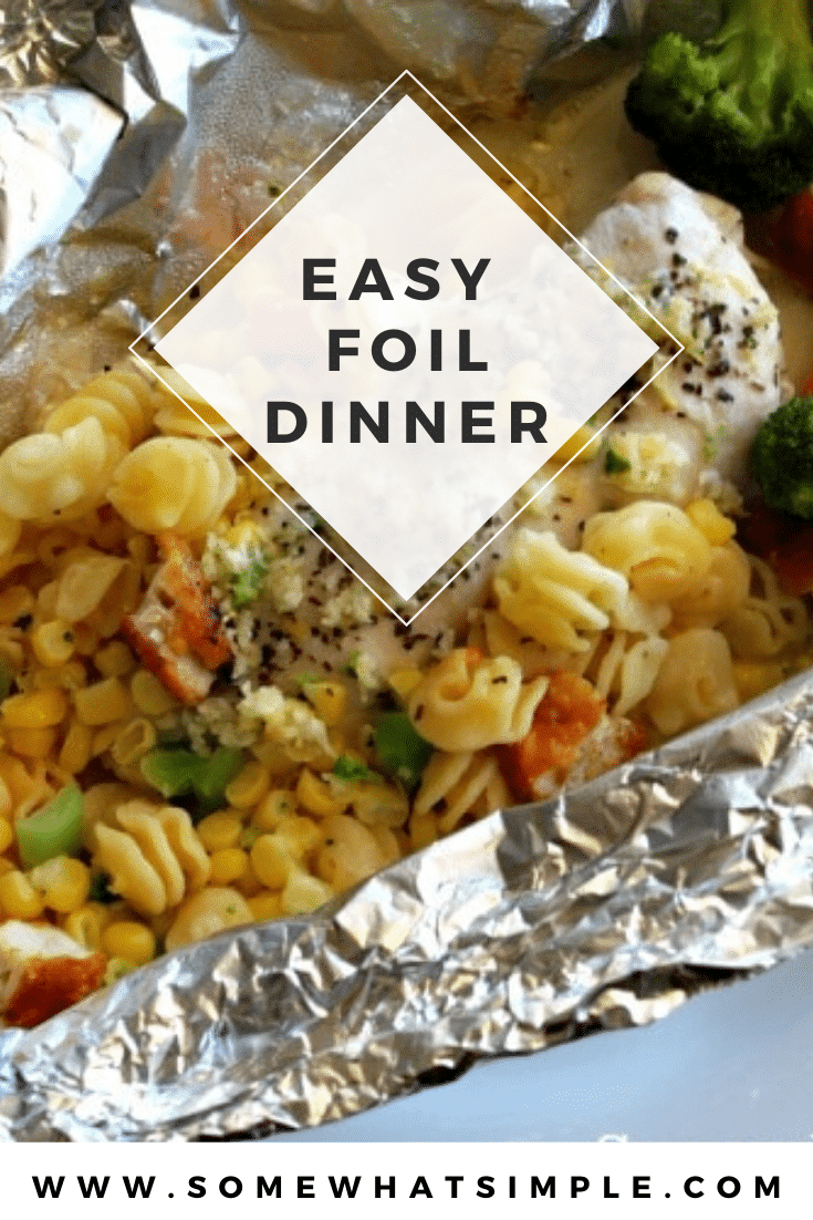 Get dinner on the table in less that 30 minutes with nearly no cleanup at all thanks to this delicious Lemon Chicken Pasta Foil Dinner! Foil dinners have all of the delicious flavors of camping without having to sleep outside. #foildinner #chicken #pasta #howtomakeafoilpacketdinner #easydinner via @somewhatsimple