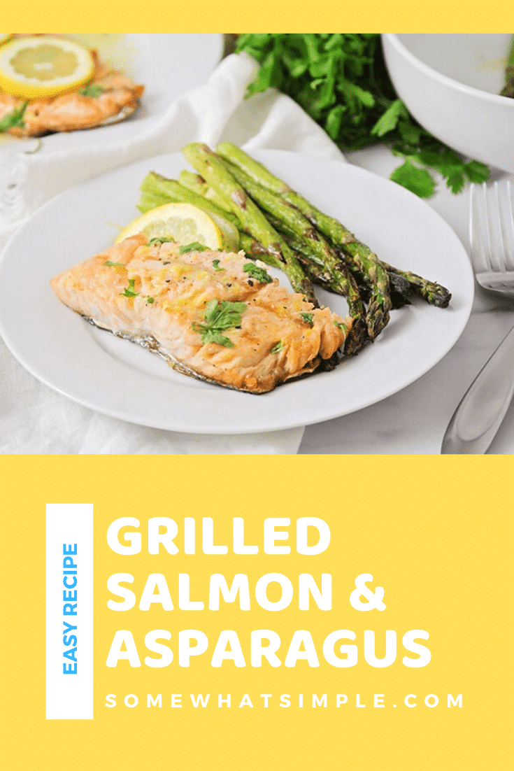 This grilled salmon and asparagus is incredibly delicious and ready in less than thirty minutes. Salmon and asparagus is healthy, delicious and makes the perfect summer meal! #salmon #grilled #asparagus #easydinner #fish via @somewhatsimple