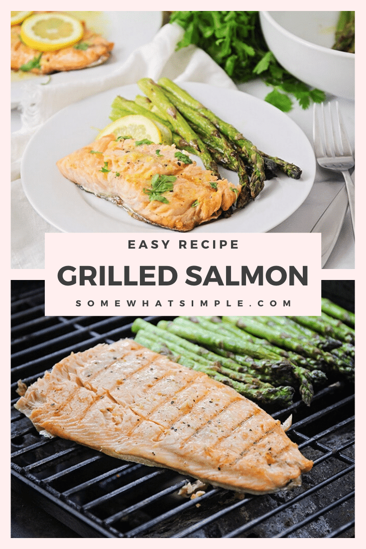This grilled salmon and asparagus is incredibly delicious and ready in less than thirty minutes. Salmon and asparagus is healthy, delicious and makes the perfect summer meal! #salmon #grilled #asparagus #easydinner #fish via @somewhatsimple