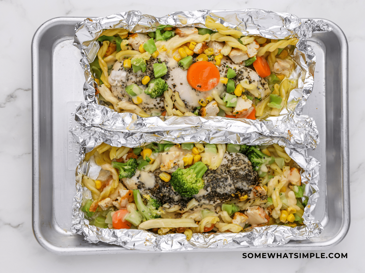 Lemon Chicken Foil Dinner in foil on a baking pan