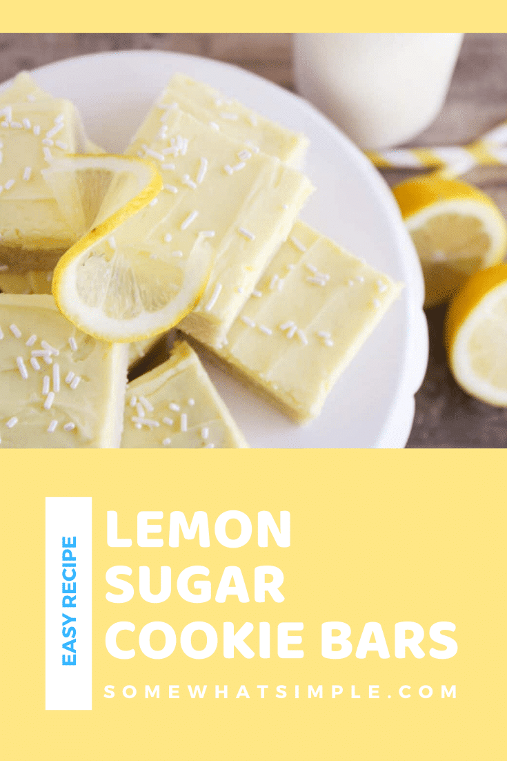 These sugar cookie lemon bars have all the deliciousness of sugar cookies, but without the rolling and cutting.  This tasty lemon bars are topped with an incredible lemon buttercream frosting! #dessert #dessertrecipes #lemondessert #sugarcookies #lemonrecipeideas #lemonsugarcookiebars via @somewhatsimple