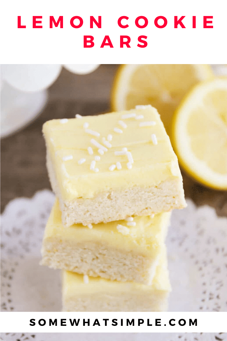 These sugar cookie lemon bars have all the deliciousness of sugar cookies, but without the rolling and cutting.  This tasty lemon bars are topped with an incredible lemon buttercream frosting! #dessert #dessertrecipes #lemondessert #sugarcookies #lemonrecipeideas #lemonsugarcookiebars via @somewhatsimple