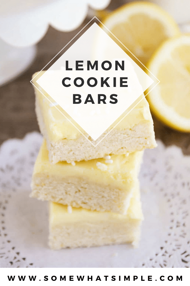 These sugar cookie lemon bars have all the deliciousness of sugar cookies, but without the rolling and cutting.  This tasty lemon bars are topped with an incredible lemon buttercream frosting! #dessert #dessertrecipes #lemondessert #sugarcookies #lemonrecipeideas #lemonsugarcookiebars via @somewhatsimple