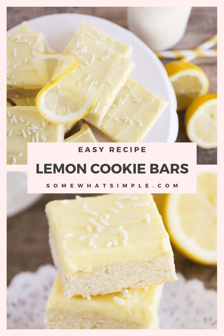 These sugar cookie lemon bars have all the deliciousness of sugar cookies, but without the rolling and cutting.  This tasty lemon bars are topped with an incredible lemon buttercream frosting! #dessert #dessertrecipes #lemondessert #sugarcookies #lemonrecipeideas #lemonsugarcookiebars via @somewhatsimple