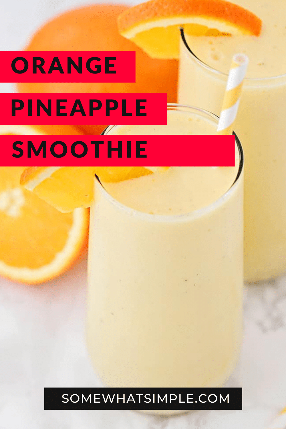 This sweet and refreshing orange creamsicle smoothie is perfect for an easy breakfast or afternoon snack! Filled with pineapple and yogurt, it's a healthy and flavorful way to enjoy your favorite frozen creamsicle drink! via @somewhatsimple