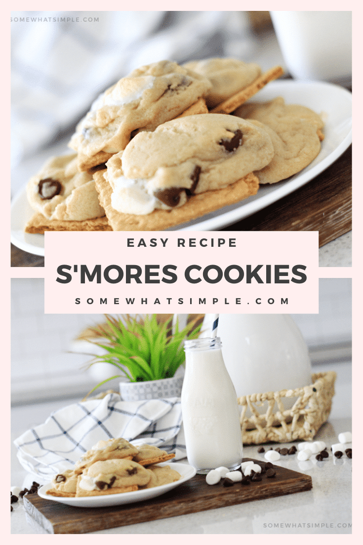 Now you can have the deliciousness of s'mores all year round! These s'mores cookies are so simple to make, people will be begging for the recipe! Made with the delicious combination of chocolate, graham crackers and a hot, gooey marshmallow, these cookies are irresistible! #smorescookies #howtomakesmorescookies #campingrecipes #easysmorescookies #smorescookierecipe via @somewhatsimple