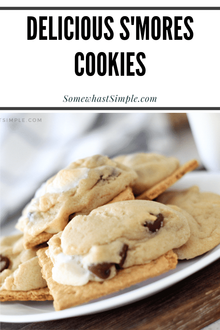 Now you can have the deliciousness of s'mores all year round! These s'mores cookies are so simple to make, people will be begging for the recipe! Made with the delicious combination of chocolate, graham crackers and a hot, gooey marshmallow, these cookies are irresistible! #smorescookies #howtomakesmorescookies #campingrecipes #easysmorescookies #smorescookierecipe via @somewhatsimple