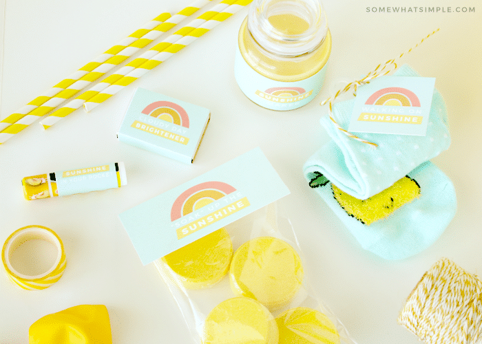 yellow gift ideas laying on a counter