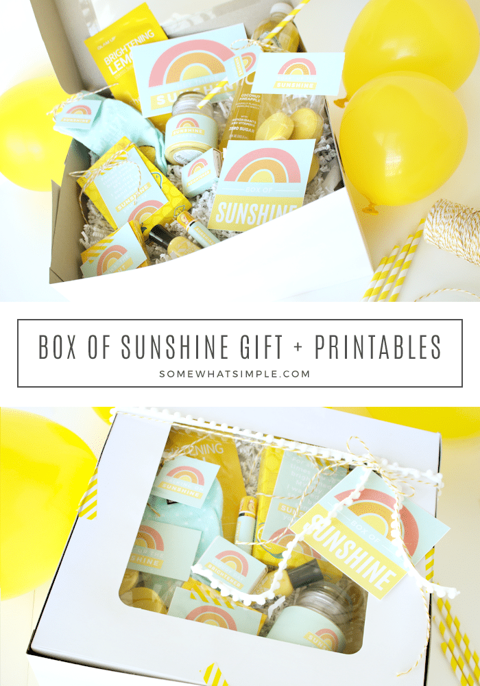 collage of boxes of sunshine - yellow items with cute gift tags