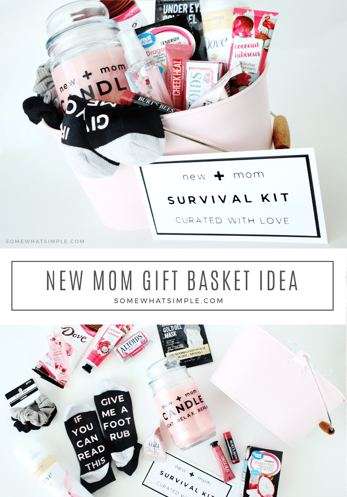 A new mom gift basket full of helpful items for women after having a baby - socks, candle, lotion, etc. 