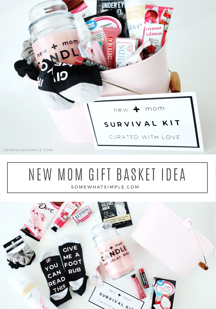 This adorable new mom gift basket is the perfect way to help a new mom feel loved. It includes everything she needs for a cozy and relaxing night in! #giftsfornewparents #newmomgiftbasketsurvivalkit #newmomgiftbasketdiy #newmomgiftbasket #newmomessentialsgiftbasket via @somewhatsimple