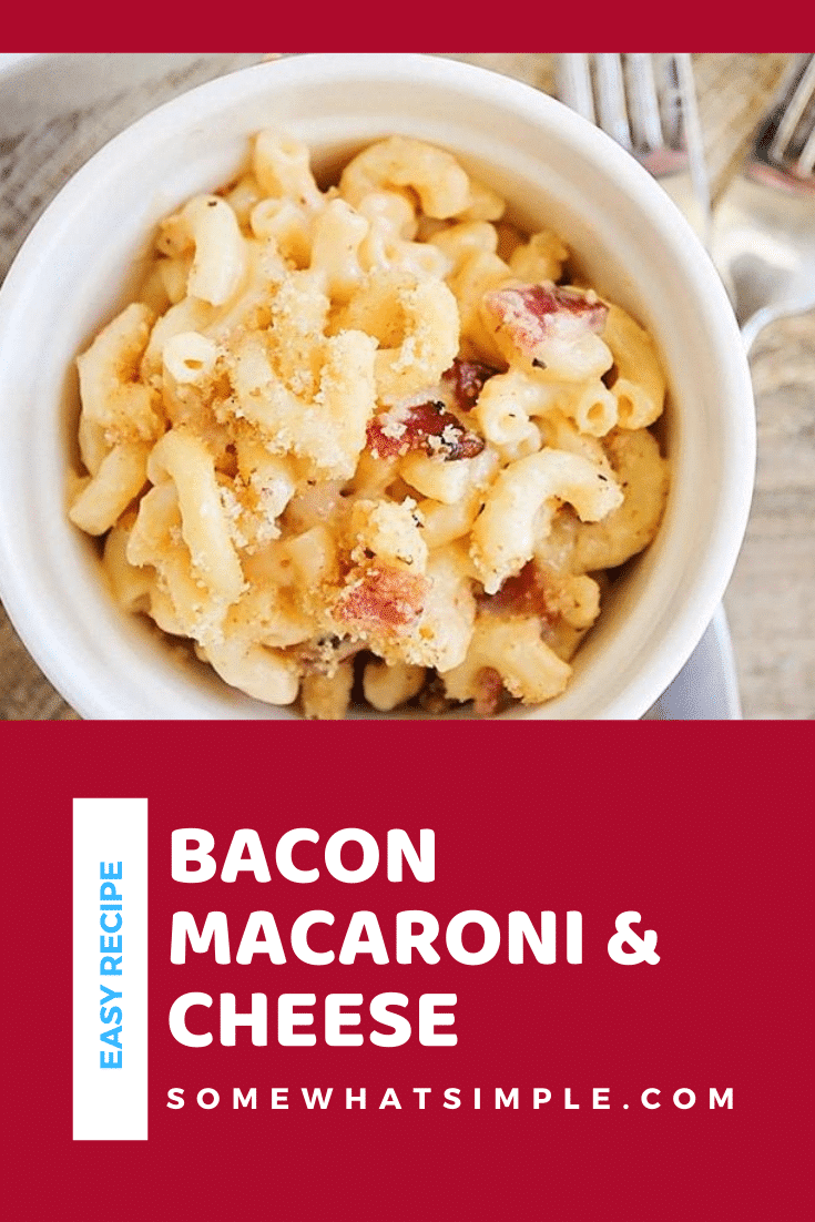 Five cheese bacon mac and cheese is a tasty recipe that is quick and easy to make.  This savory dinner is so cheesy and delicious that it has always been a family favorite! #fivecheesemacaroniandcheese #baconmacandcheese #homemademacandcheese #cheesymacaroniandcheese #easymacandcheese via @somewhatsimple