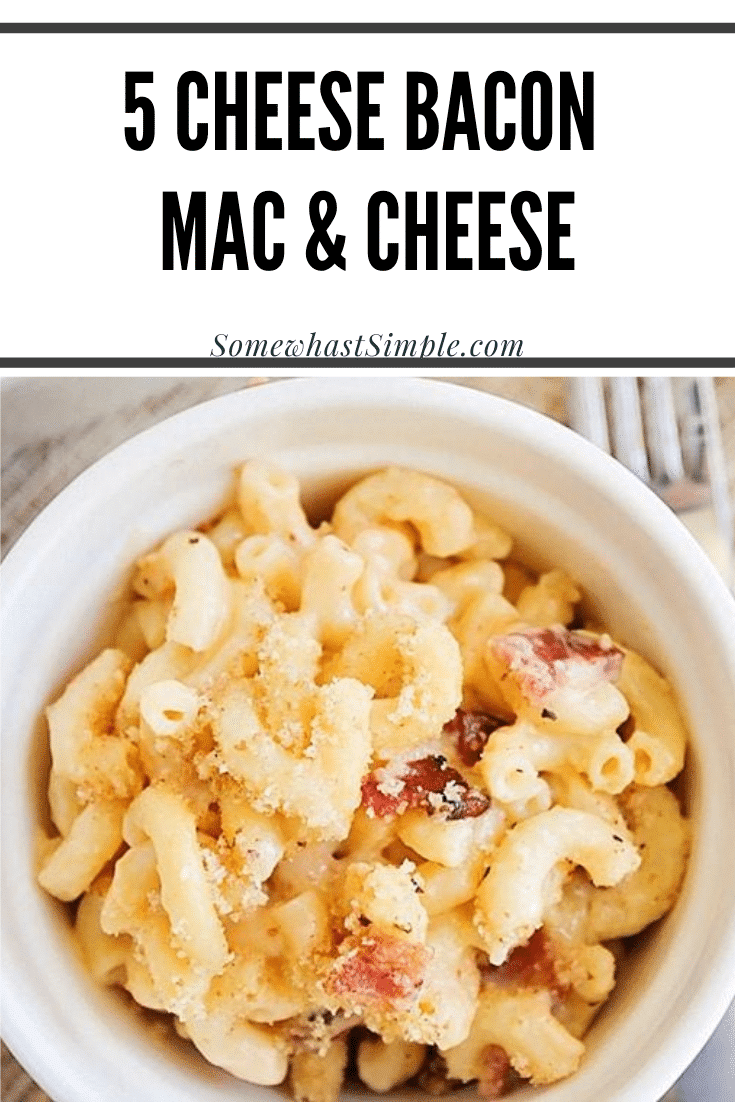 Five cheese bacon mac and cheese is a tasty recipe that is quick and easy to make.  This savory dinner is so cheesy and delicious that it has always been a family favorite! #fivecheesemacaroniandcheese #baconmacandcheese #homemademacandcheese #cheesymacaroniandcheese #easymacandcheese via @somewhatsimple