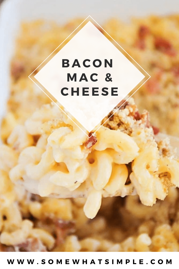 Five cheese bacon mac and cheese is a tasty recipe that is quick and easy to make.  This savory dinner is so cheesy and delicious that it has always been a family favorite! #fivecheesemacaroniandcheese #baconmacandcheese #homemademacandcheese #cheesymacaroniandcheese #easymacandcheese via @somewhatsimple