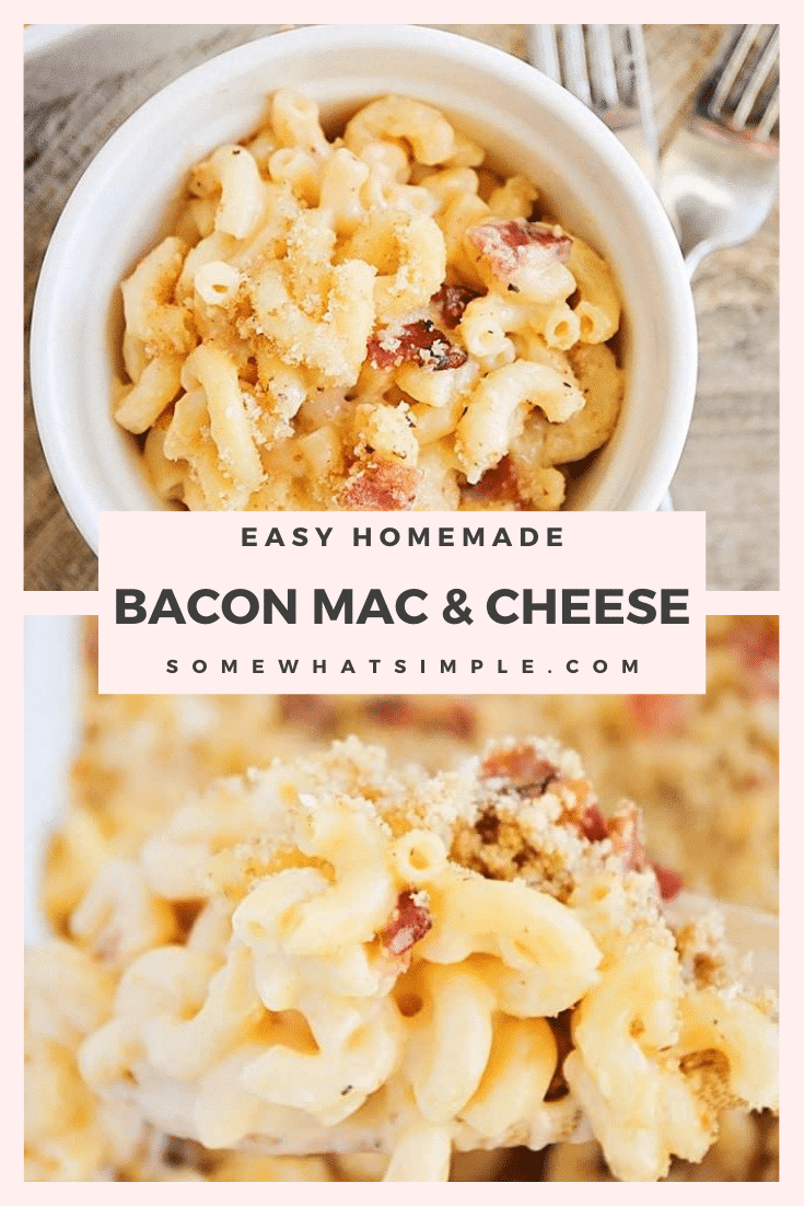 Five cheese bacon mac and cheese is a tasty recipe that is quick and easy to make.  This savory dinner is so cheesy and delicious that it has always been a family favorite! #fivecheesemacaroniandcheese #baconmacandcheese #homemademacandcheese #cheesymacaroniandcheese #easymacandcheese via @somewhatsimple