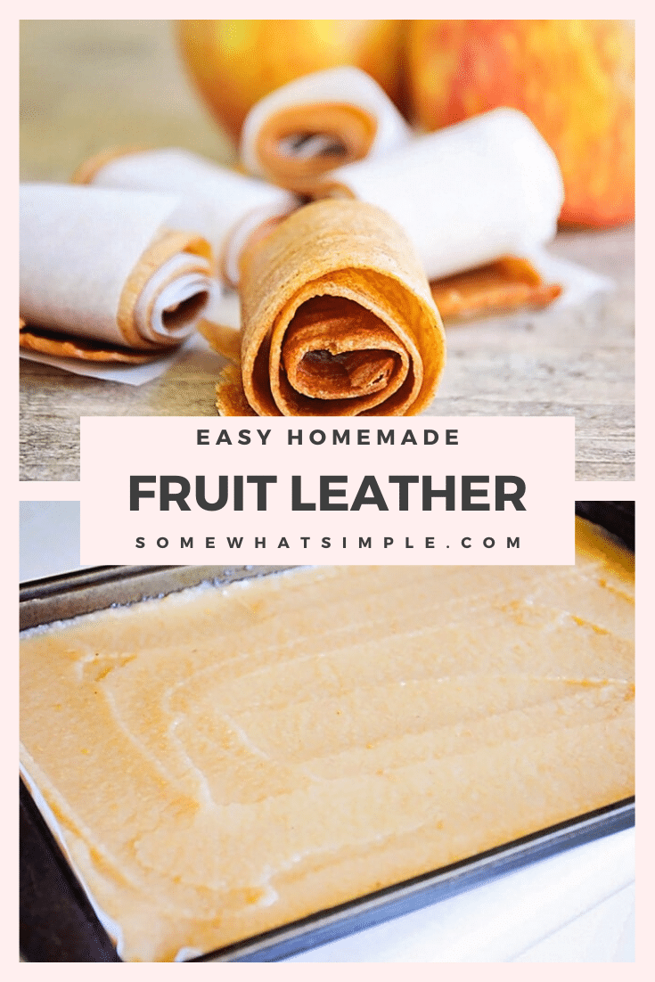 This apple cinnamon fruit leather is the perfect after school snack!  Made using just 4 ingredients, it's easy to make and healthy to eat. #fruitleather #howtomakefruitleather #applefruitleather #homemadefruitleather #howtomakefruitleather via @somewhatsimple