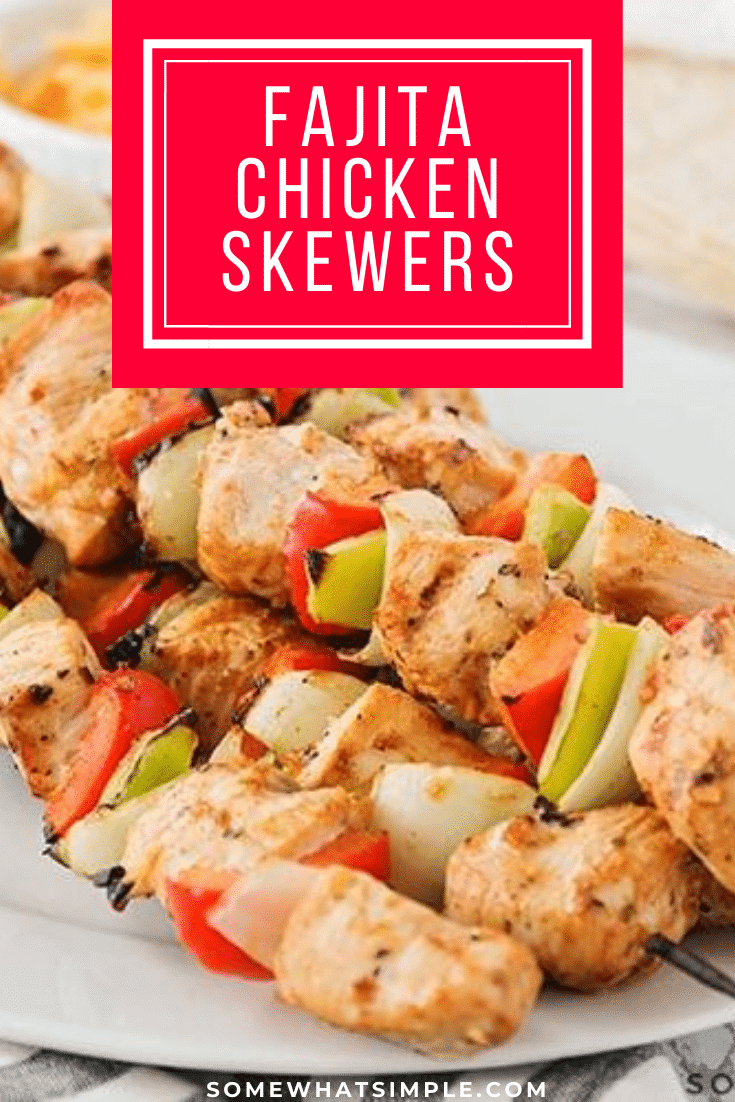 These flavorful grilled chicken fajita skewers are the perfect summer meal! Get all of the flavor of chicken fajitas without heating up the house! These fajita skewers are perfect to enjoy at any summer bbq. #grilledchickenskewer #fajitasskewers #fajitaskewersrecipe #italiandressingchickenkabobs #easybbqrecipe via @somewhatsimple