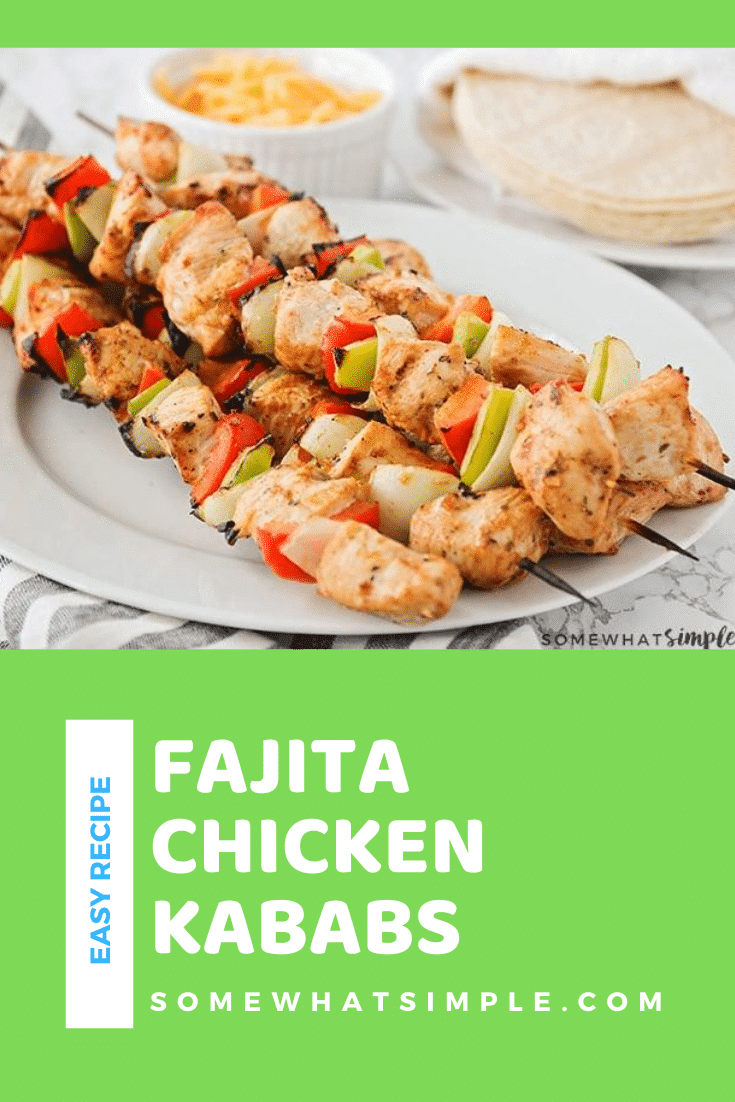 These flavorful grilled chicken fajita skewers are the perfect summer meal! Get all of the flavor of chicken fajitas without heating up the house! These fajita skewers are perfect to enjoy at any summer bbq. #grilledchickenskewer #fajitasskewers #fajitaskewersrecipe #italiandressingchickenkabobs #easybbqrecipe via @somewhatsimple