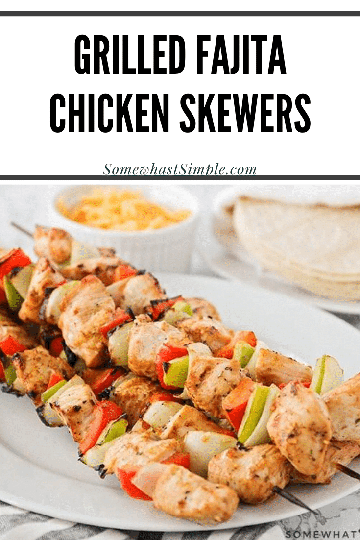 These flavorful grilled chicken fajita skewers are the perfect summer meal! Get all of the flavor of chicken fajitas without heating up the house! These fajita skewers are perfect to enjoy at any summer bbq. #grilledchickenskewer #fajitasskewers #fajitaskewersrecipe #italiandressingchickenkabobs #easybbqrecipe via @somewhatsimple